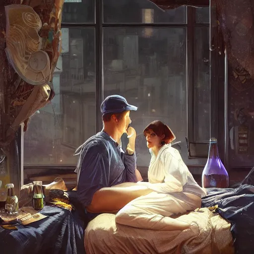 Image similar to young man in tinfoil hat and a girl sleeping in bed close to guinness bottles highly detailed, digital painting, artstation, concept art, smooth, sharp focus, illustration, art by artgerm and greg rutkowski and alphonse mucha