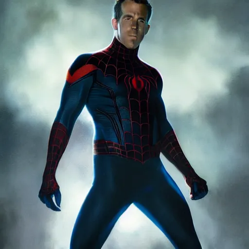 Image similar to ryan reynolds as spider - man, wearing a black and blue suit, cinematic, volumetric lighting, f 8 aperture, cinematic eastman 5 3 8 4 film, photorealistic by greg rutkowski, by stanley artgerm, by alphonse mucha