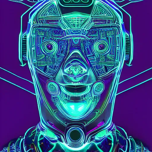 Prompt: hyperdetailed portrait of a psychedelic cyberpunk robot head, accentuated with colorful glowing holy geometry, 8 k, symetrical, halluzinogenic, meditative, black background