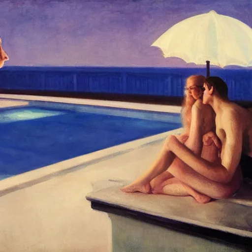 Image similar to Elle Fanning and Dr. Anthony Fauci at the pool at night, head and shoulders portrait, stormy weather, extremely detailed masterpiece, Roger Deakin’s cinematography, oil on canvas, Edward Hopper,
