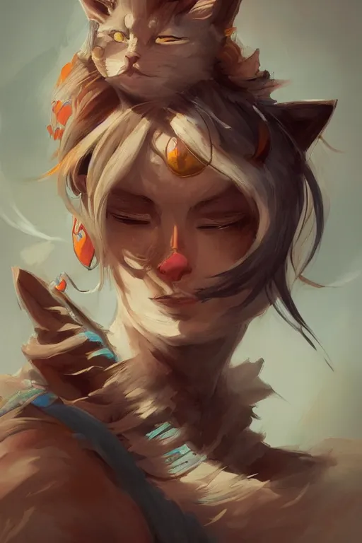 Prompt: Cat portrait painting in the style of peter Mohrbacher, trending on artstation, artstationHD, artstationHQ, unreal engine, 4k, 8k