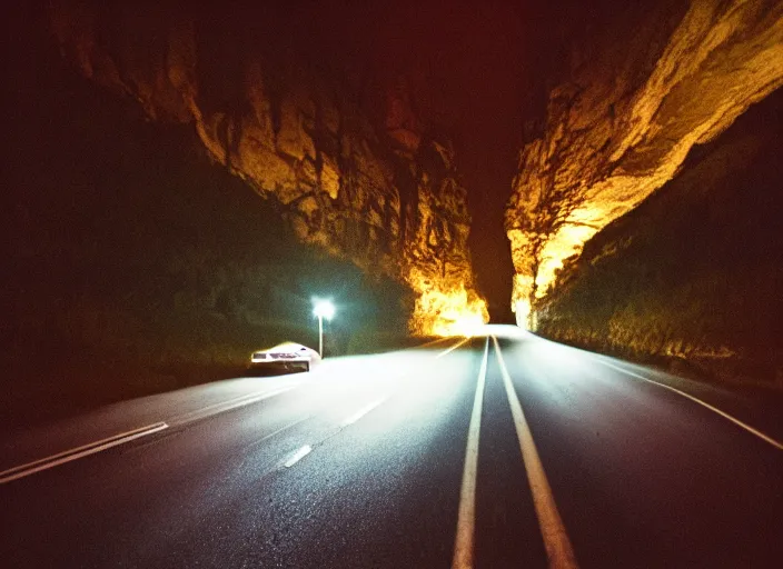 Prompt: pov headlights of a car illuminate a strange dark canyon road, it's the dead of night, in a distance the bright city lights glow, cinematic, cinestill