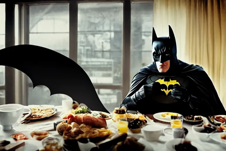 Image similar to portrait of Batman eating breakfast By Emmanuel Lubezki