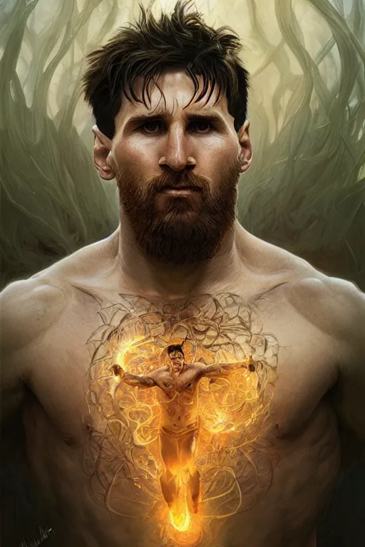 Image similar to portrait of lionel messi as a hulking herculean demon, forest, godlike, full body, fantasy, intricate, elegant, highly detailed, digital painting, artstation, concept art, sharp focus, illustration, art by artgerm and greg rutkowski and alphonse mucha