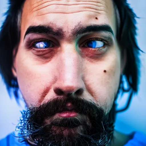 Image similar to fish eye lens close up photograph of a man with blue skin and a goatee side eyeing the camera with a sympathetic look