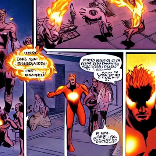 Prompt: the human torch was denied a bank loan, cinematic lighting,