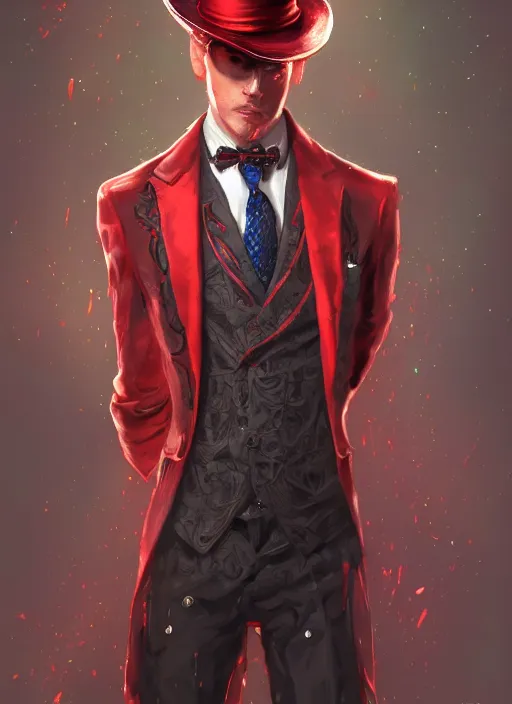 Prompt: a highly detailed illustration of stylish top hat wearing red haired attractive man, wearing suit vest, cool flashy posing, intricate, elegant, highly detailed, centered, digital painting, artstation, concept art, smooth, sharp focus, league of legends concept art, WLOP