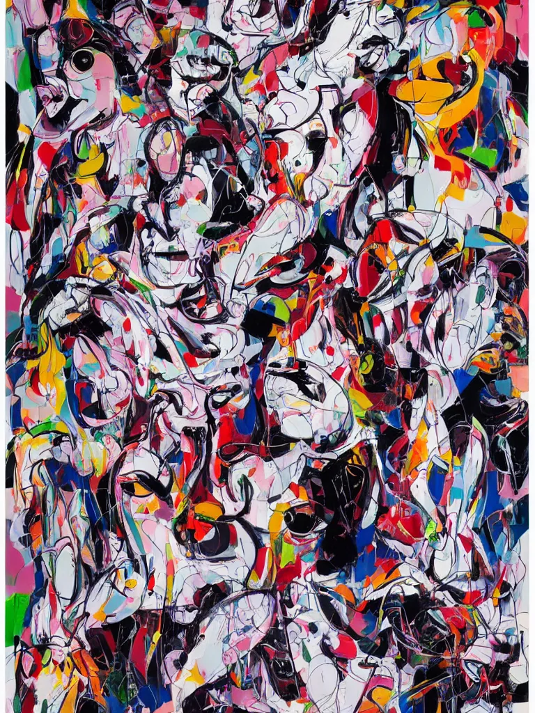 Prompt: abstract figurative expressive line art with random chaotic splashes of colour by george condo in an aesthetically pleasing natural tones,