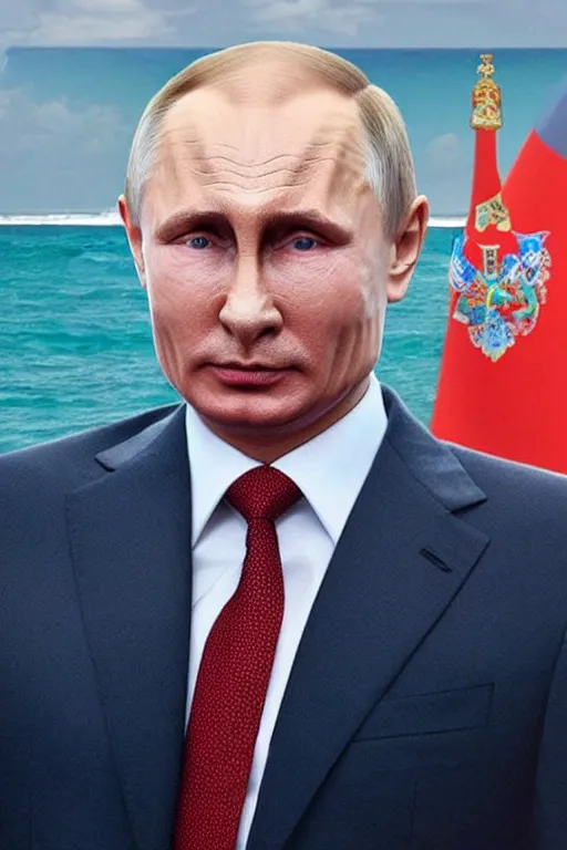 Image similar to Putin on a beach, full character, hyper realistic, highly detailed