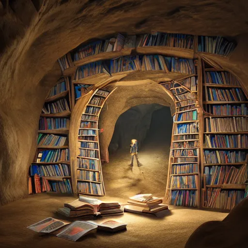 Image similar to cave full of books, 3 d render, incredible details, highly detailed, photorealistic, disney pixar, smooth, octane render, iridescent, 8 k