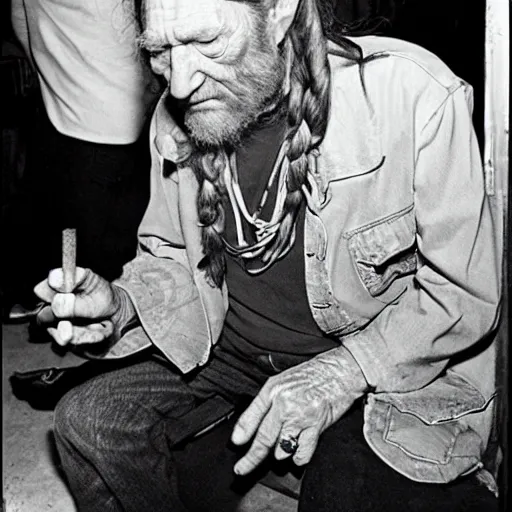 Image similar to willie nelson having a smoke backstage.