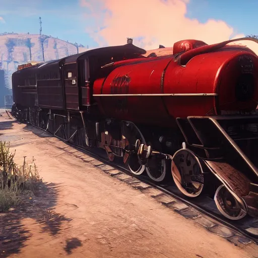 Image similar to futuristic sleek steam locomotive in red dead redemption 2