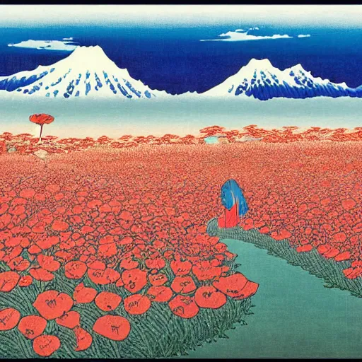 Image similar to a hokusai painting masterpiece exposed in Paris : a poppy field with a icy moutain in the background and a blue sky This 4K HD image is Trending on Artstation, featured on Behance, well-rendered, extra crisp