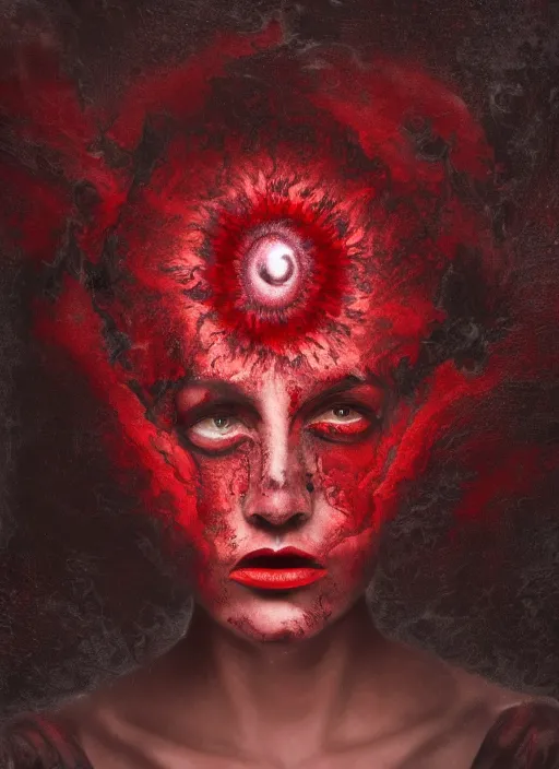 Image similar to dramatic red matte portrait painting of woman with black mandelbrot fractal instead of face, horror, body horror, dark art, 4 k, detailed, realistic, psychotic, insane, crazy, mental illness, dramatic,