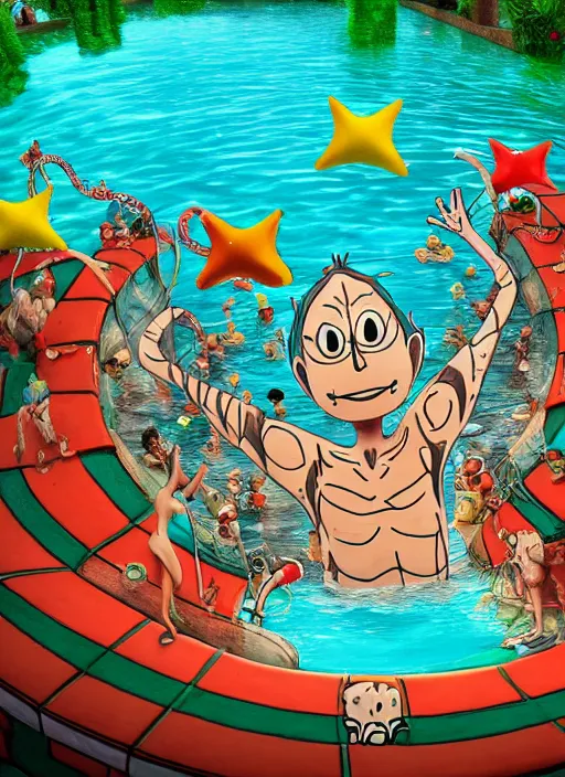 Image similar to intricate Waldo from Where's Waldo, in the water, on the background of a weird magical swimming pool. Very detailed 8k. Fantasy. Sharp. Cinematic post-processing