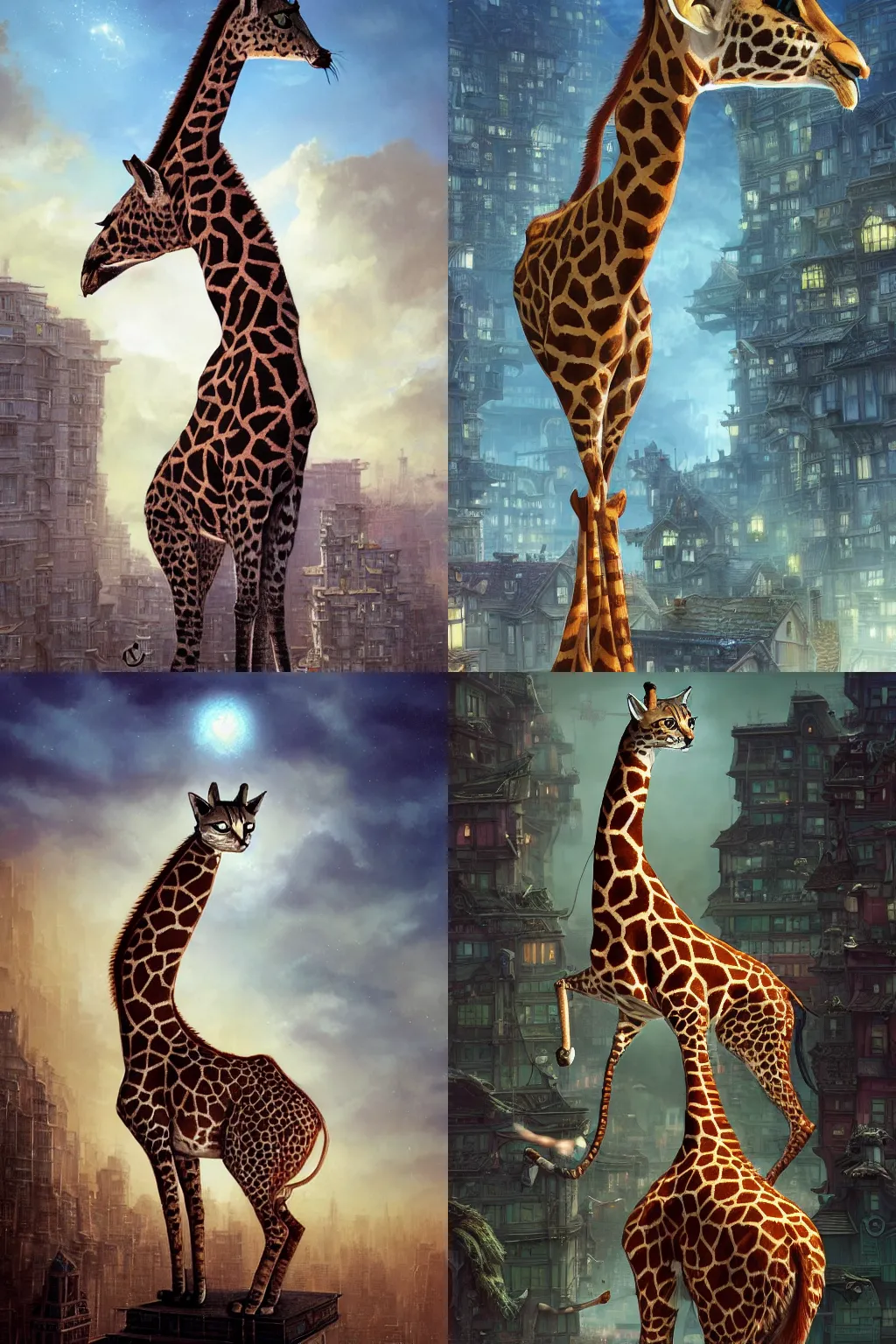 Prompt: a cat as giraffe standing on the rooftop, fantasy, illustration, intricate, epic lighting, cinematic composition, hyper realistic, 8 k resolution, by artgerm, tooth wu, dan mumford, beeple, wlop, rossdraws, james jean, andrei riabovitchev, marc simonetti, yoshitaka amano, artstation