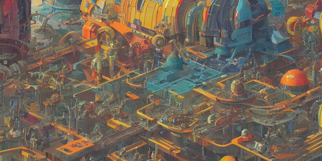 Prompt: a colorful futuristic marketplace, Industrial Star Wars Scifi, detailed illustration, character design, intricate, by Martin Grip, Wes Anderson, hieronymus bosch and Moebius