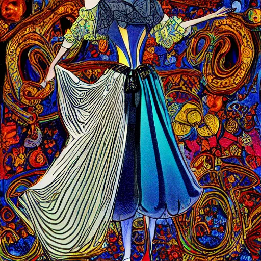 Prompt: Alice in Wonderland, by Ivan Bilibin, inspired by Alexander McQueen fashion, and Möbius illustration, high resolution scan, dichroic prism effect,