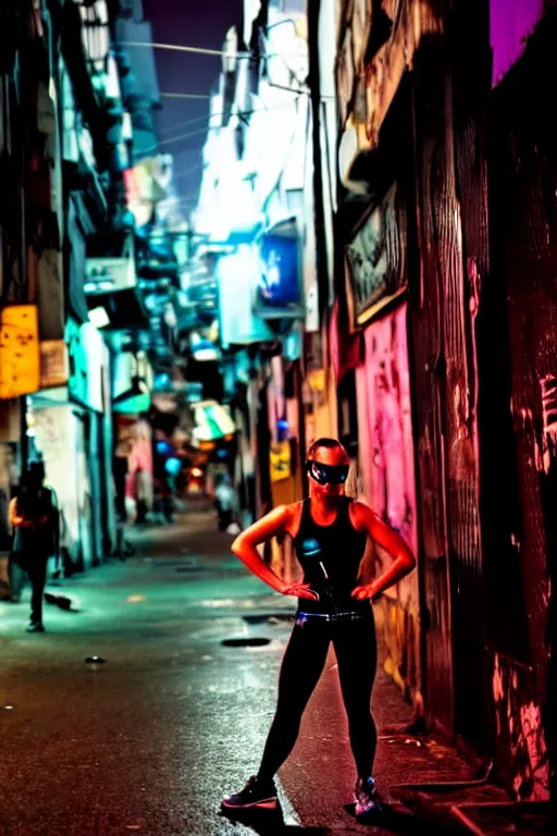 Image similar to buenos aires argentina cyberpunk strong girl sweating, sci - fi streets night