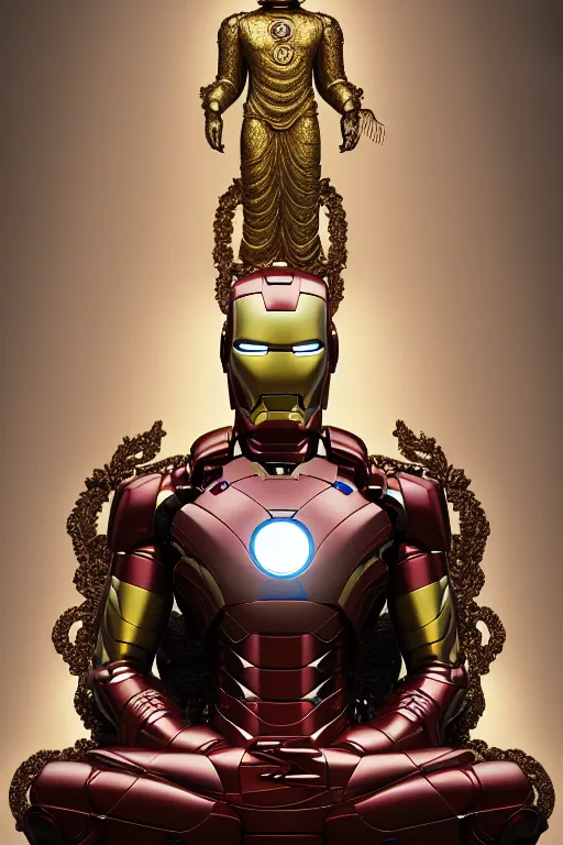 Image similar to digital masterpiece illustration concept art of porcelain statue of buddha gautama as iron man, varasana, lotus, extremely detailed and intricate complexity, epic composition, magical atmosphere, cinematic lighting, wide long shot, trending on artstation, 8 k