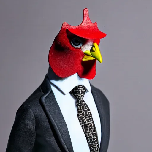 Prompt: a high detail shot of a chicken wearing a suit