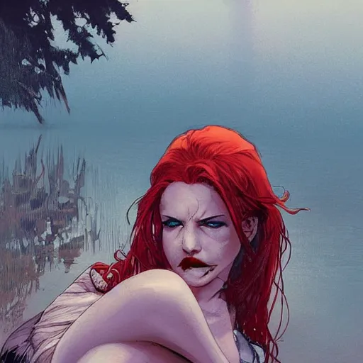 Image similar to a beautiful comic book illustration of a vampire woman with long red hair laying near a lake at night by Jerome Opeña and Greg Rutkowski, featured on artstation