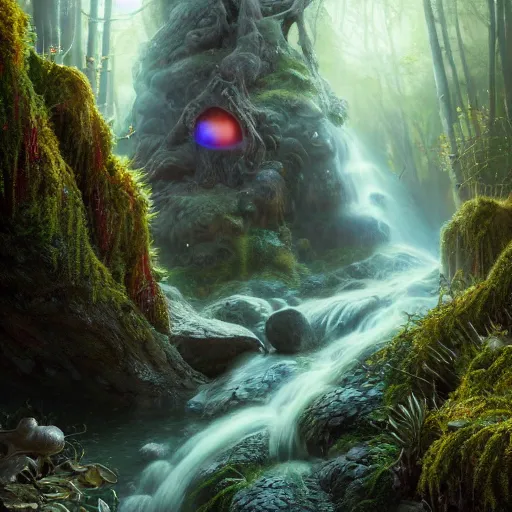 Image similar to tom bagshaw, wolf, mythical cosmic shrine, soft painting render curiosities carnival pond river vegetation rocks bugs wildlife mushrooms covered moss bioluminescent wisps, beautiful stunning waterfall, accurate features, focus, very intricate ultrafine details, random volumetric lighting, fog, award winning masterpiece, octane render 8 k hd, artstation