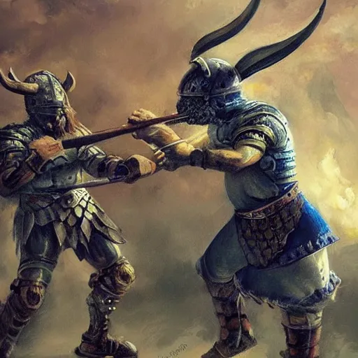 Image similar to “ one viking male is fighting against a robot, high detailed painting ”