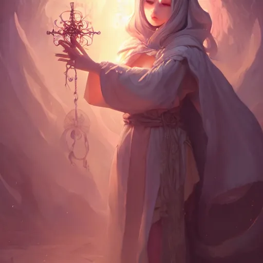 Prompt: a beautiful eldritch priestess girl standing on an altar wearing thick robes | | cute - fine - face, pretty face, fine details by stanley artgerm lau, wlop, rossdraws, james jean, andrei riabovitchev, marc simonetti, and sakimichan, trending on artstation