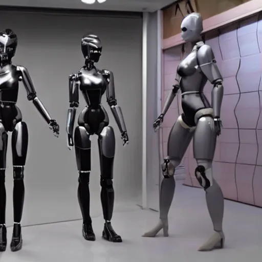 Image similar to store selling womanized humanoid robots made of steel, unreal engine 5, sharp focus