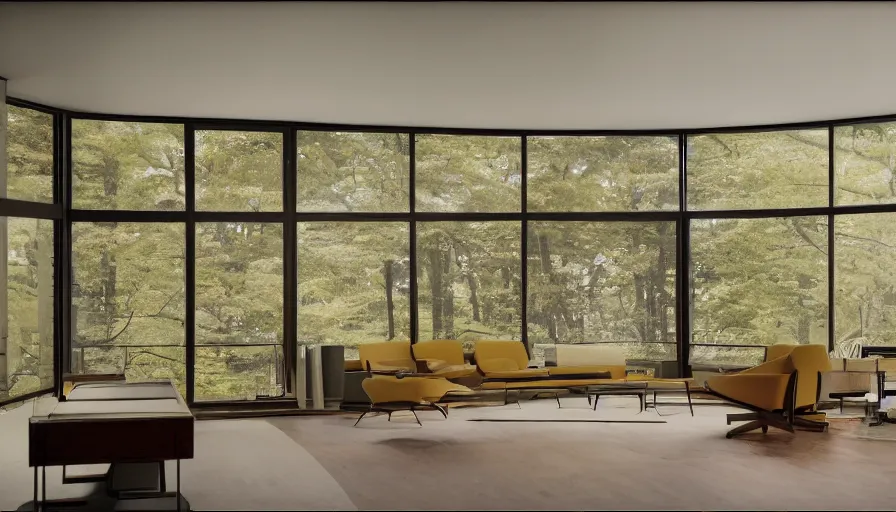 Image similar to architecture ad for inside a mid-century modern house designed by more van der rohe. Film grain, cinematic, colorized, yellow hue.