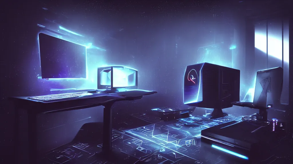 Image similar to a galactic overpowered computer. Overclocking, watercooling, custom computer, cyber, mat black metal, alienware, galactic design, desktop computer, desk, home office, whole room, minimalist, Beautiful dramatic dark moody tones and lighting, space color neon, Ultra realistic details, cinematic atmosphere, studio lighting, shadows, dark background, dimmed lights, industrial architecture, Octane render, realistic 3D, photorealistic rendering, 8K, 4K, Cyborg R.A.T 7, Republic of Gamer, computer setup, highly detailed