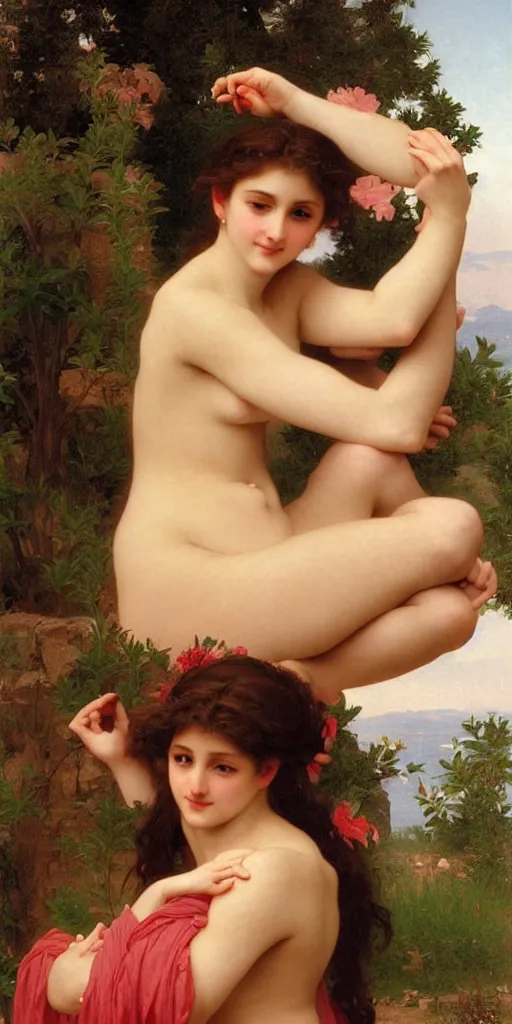 Prompt: Painting of Aphrodite smiling at a text she just received on her smartphone. Art by william adolphe bouguereau. During golden hour. Extremely detailed. Beautiful. 4K. Award winning