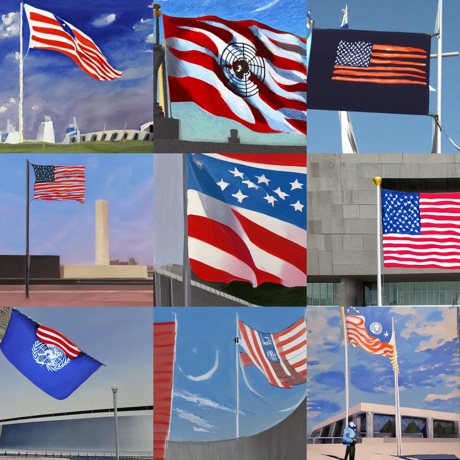 Prompt: flag of the first lunar colony waving in the wind at United Nations plaza, painting, concept art