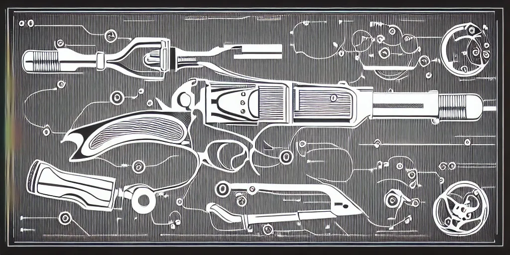 Image similar to schematic diagram illustration of a revolver, ultra detailed, 4 k, intricate, encyclopedia illustration, fine inking lines