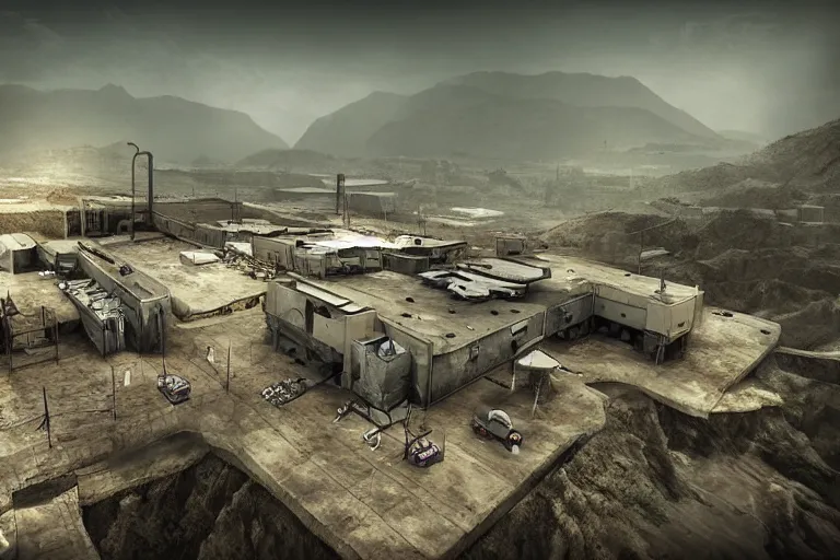 Image similar to favela hospital hangar bunker, desert environment, industrial factory, cliffs, gloomy, milky way, award winning art, epic dreamlike fantasy landscape, ultra realistic,