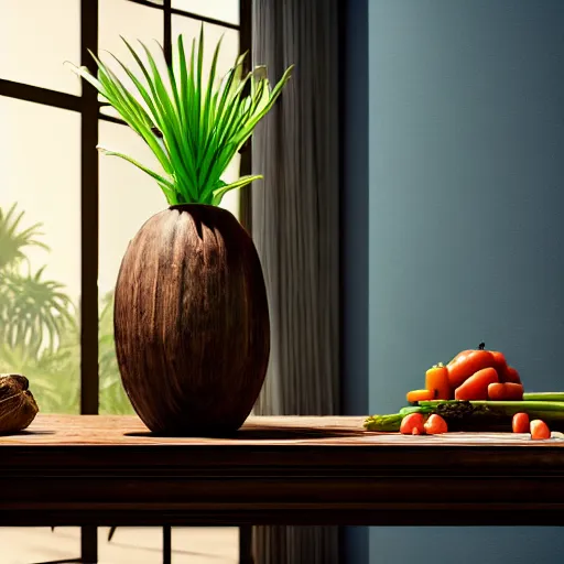 Image similar to a large vase with palms on top of a antique wooden table, vegetables on table and candle, medieval concept art, cinematic lightning and colors, vray tracing, rendered in unreal engine, dark lightning, contrast shadows, super detailed, 8 k