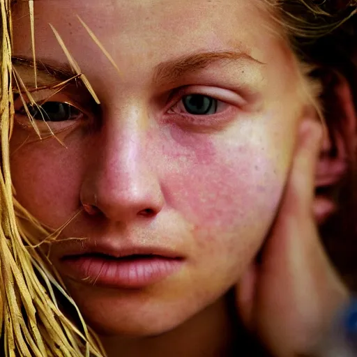 Prompt: a candid extreme closeup portrait of an expressive face of a super busy young woman by annie leibovitz