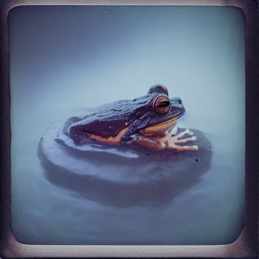 Prompt: frog in jesus christ pose levitating over misty water, polaroid photography by andrey tarkovski, paranormal, spiritual, mystical