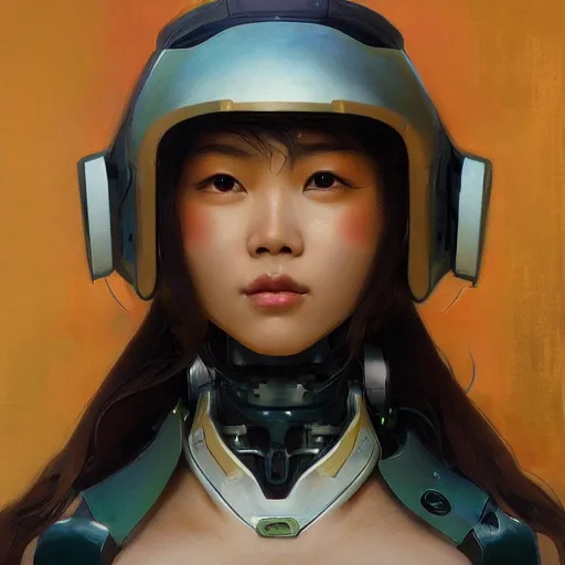 Prompt: portrait painting of asian woman in mecha helmet, by artgerm and greg rutkowski and alphonse mucha, ultra realistic, concept art, intricate details, highly detailed, photorealistic, octane render, 8 k, unreal engine