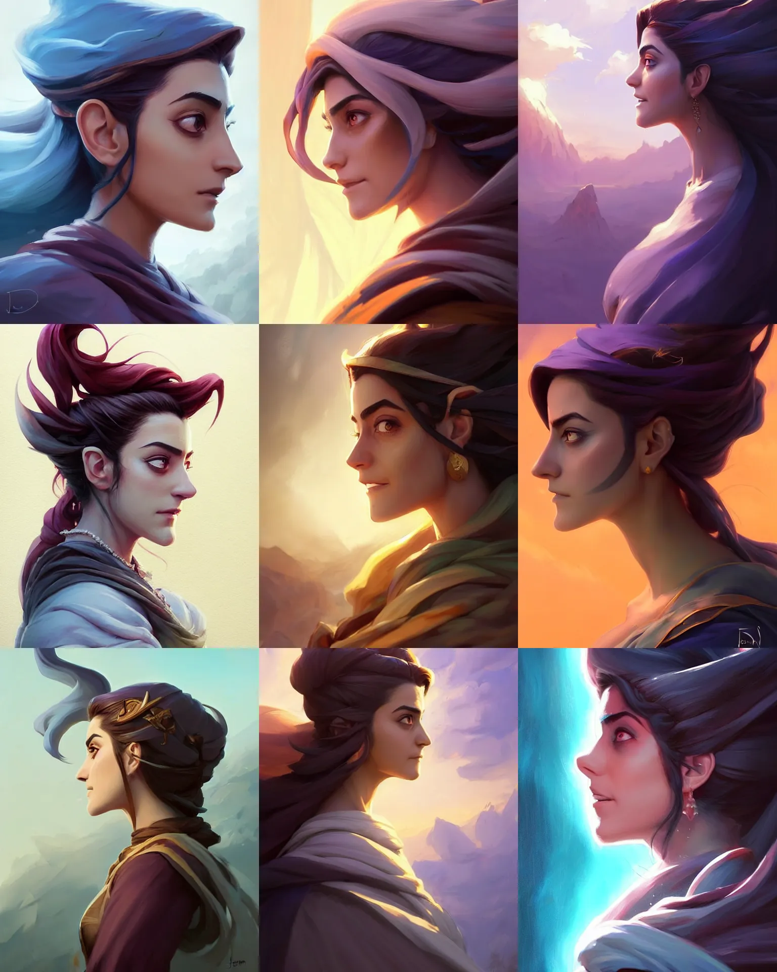 Prompt: side profile centered painted portrait, Maya Ali as a wind mage, only one head, Arcane D&D, cell-shaded, matte painting concept art, beautifully backlit, official fanart, 4k, HDR, Trending on artstation, Behance, Pinterest, by Jesper Ejsing and RHADS and Makoto Shinkai and Lois van baarle and ilya kuvshinov and rossdraws and Cushart Krentz and Gilleard James