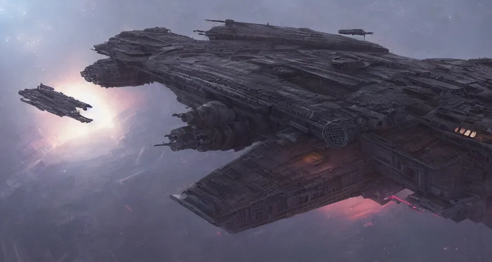 Image similar to a highly detailed epic cinematic concept art CG render digital painting artwork: symmetrical Soviet dieselpunk Millenium Falcon in empty darkness of space. By Greg Rutkowski, Ilya Kuvshinov, WLOP, Stanley Artgerm Lau, Ruan Jia and Fenghua Zhong, trending on ArtStation, subtle muted cinematic colors, made in Maya, Blender and Photoshop, octane render, excellent composition, cinematic atmosphere, dynamic dramatic cinematic lighting, precise correct anatomy, aesthetic, very inspirational, arthouse