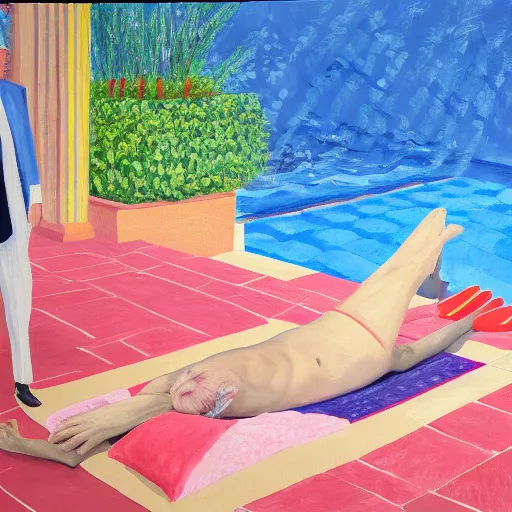 Prompt: donald trump laying by the pool, mar - a - lago, painted by david hockney, oil on canvas, large, opulent, servants, 8 k