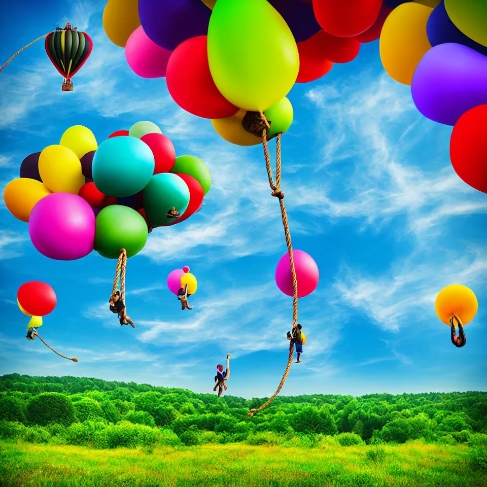 Image similar to large colorful balloons with people on rope swings underneath, flying high over the beautiful countryside landscape, professional photography, 8 0 mm telephoto lens, realistic, detailed, digital art, unreal engine