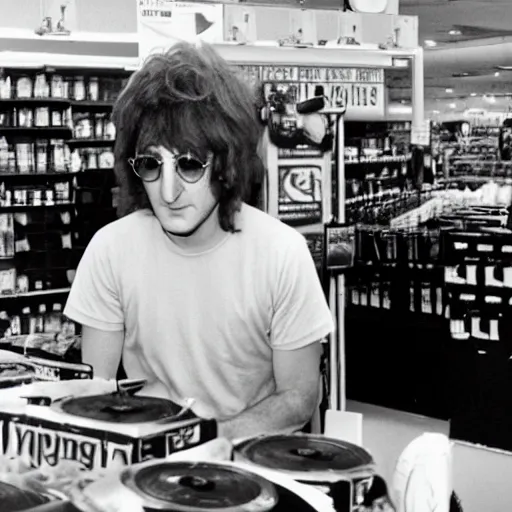 Prompt: John Lennon djing in a supermarket