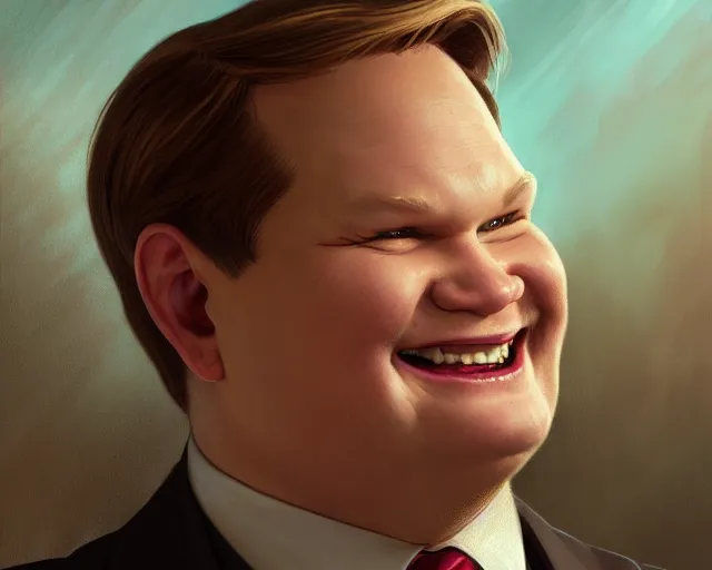 Image similar to close up of andy richter smiling wearing a brown suit and necktie, focus, d & d, intricate, elegant, highly detailed, digital painting, artstation, concept art, matte, sharp focus, illustration, hearthstone, art by artgerm and greg rutkowski and alphonse mucha