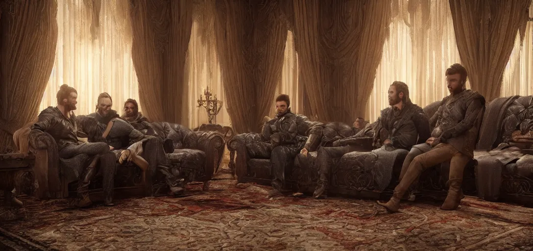 Image similar to a highly detailed picture of the reaction guys sitting on a couch that looks like the iron throne, four excited men, 8 k, artstation, volumetric lighting, smooth, highly detailed, octane render, by andres rocha and albert bierstadt and greg rutkowski