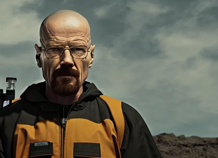 Image similar to film still of Walter White as Gordan Freeman wearing Black Mesa Jumpsuit in the Half Life Movie, 4k