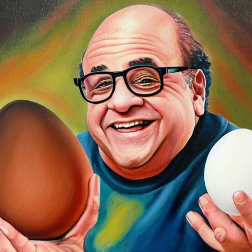 Image similar to a painting of danny devito holding an egg