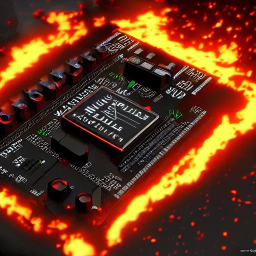 Prompt: the last microcontroller on earth, burning in the fires of global warming, dynamic lighting, cinematic composition, 8 k, intricate, hyperrealistic, trending on artstation